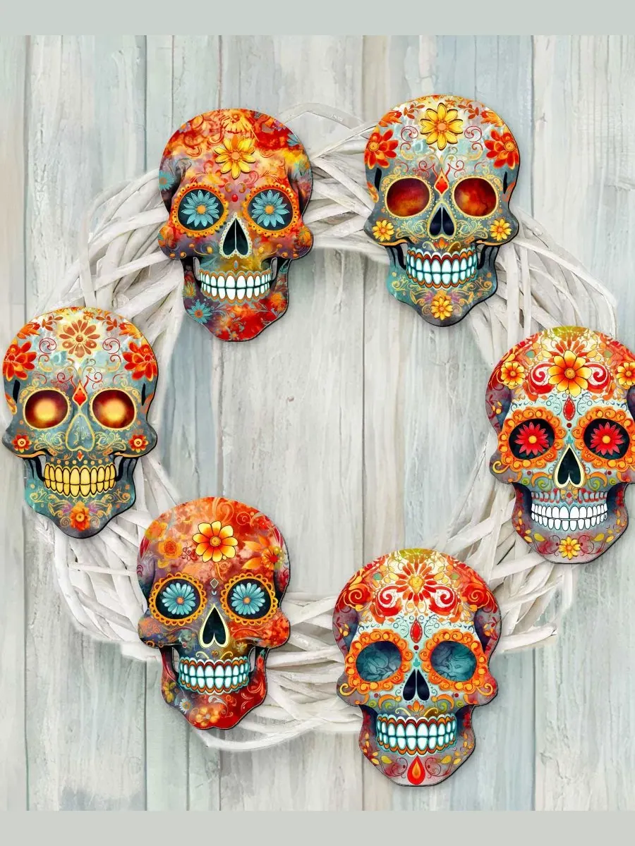 Набор елочных игрушек-прищепок из дерева, 6 шт., Sugar Skulls Designocracy — изображение 4 из 8, мульти