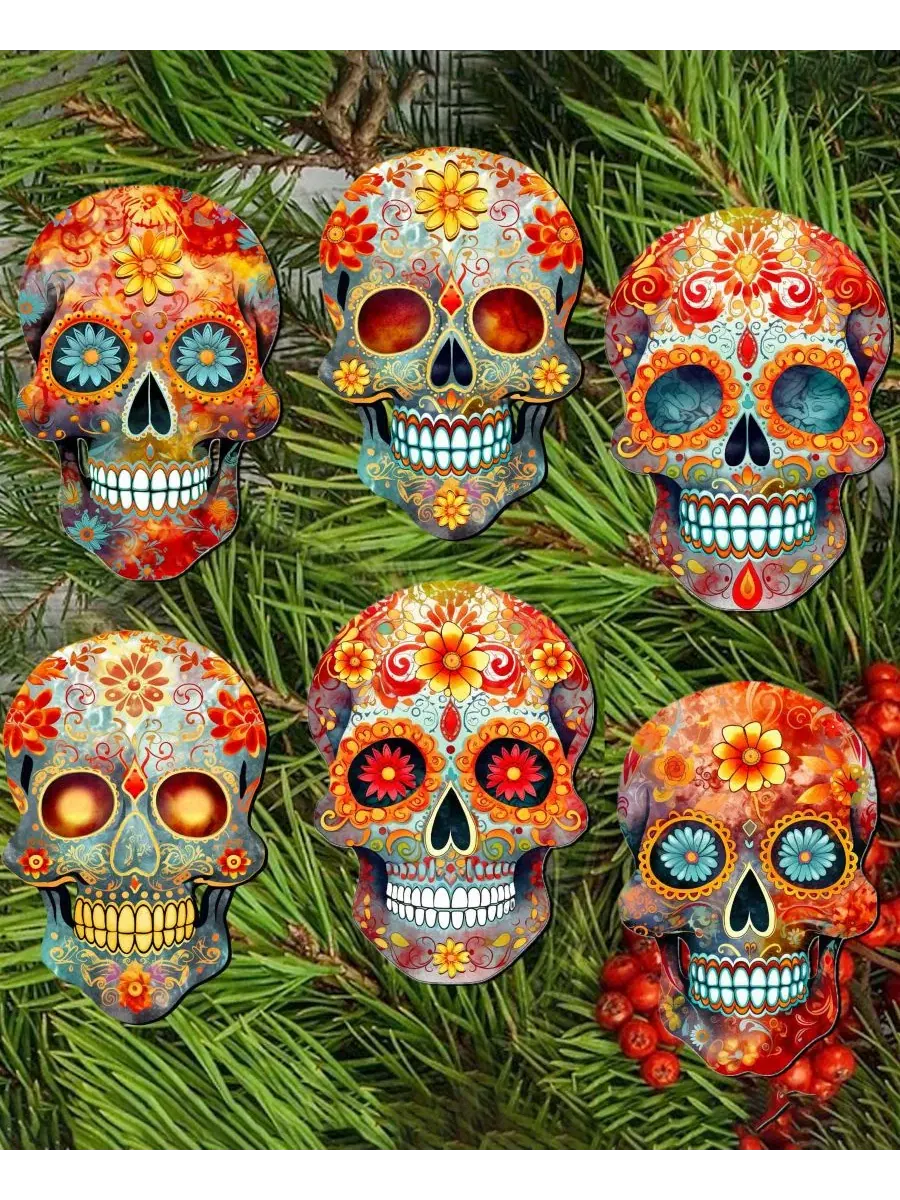 Набор елочных игрушек-прищепок из дерева, 6 шт., Sugar Skulls Designocracy — изображение 5 из 8, мульти