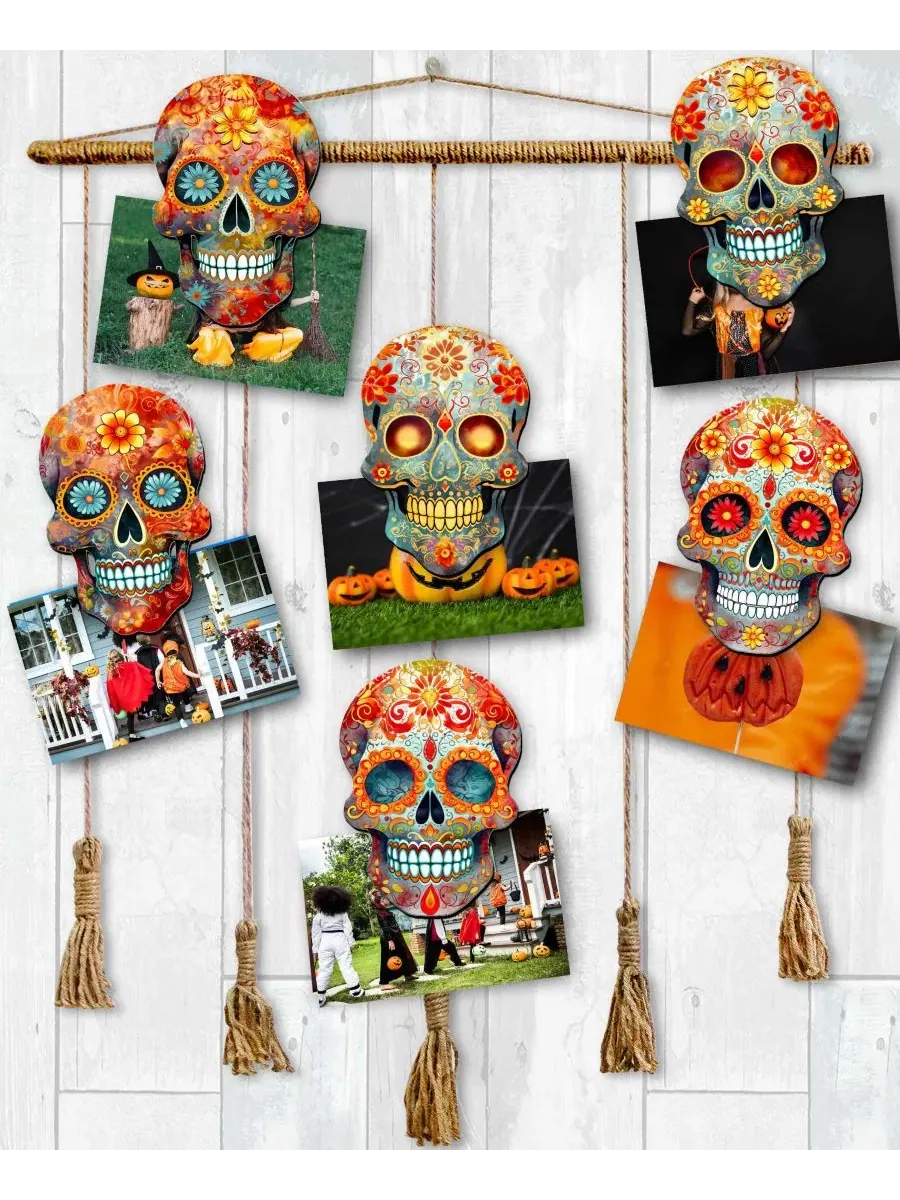Набор елочных игрушек-прищепок из дерева, 6 шт., Sugar Skulls Designocracy — изображение 6 из 8, мульти