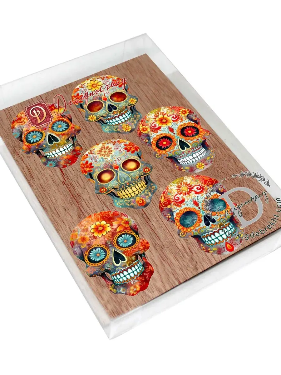 Набор елочных игрушек-прищепок из дерева, 6 шт., Sugar Skulls Designocracy — изображение 7 из 8, мульти