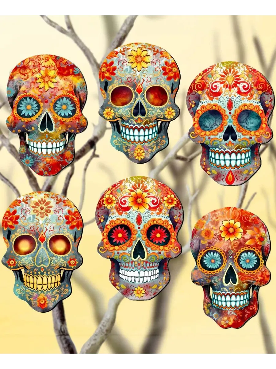Набор елочных игрушек-прищепок из дерева, 6 шт., Sugar Skulls Designocracy — изображение 8 из 8, мульти