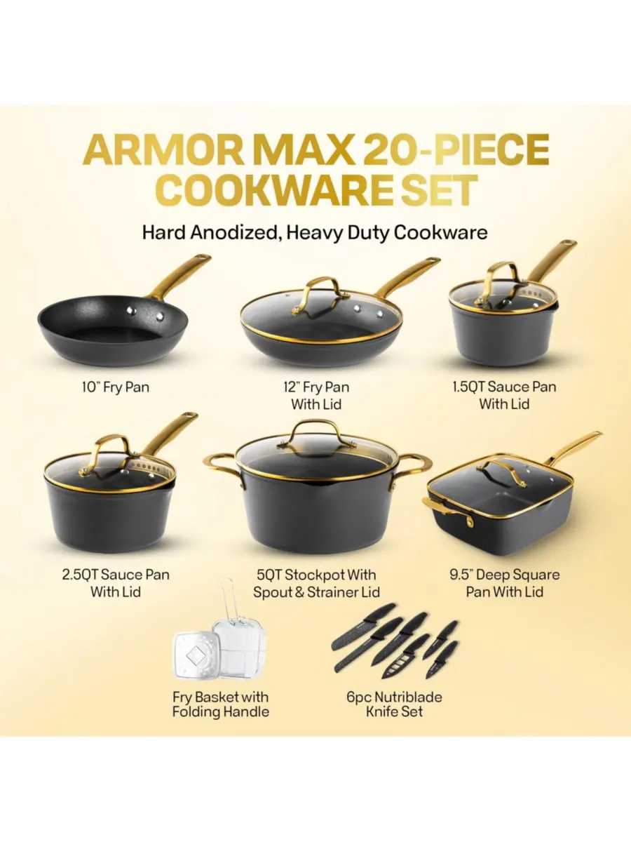 Набор посуды Armor Max Gold из 20 предметов с твердым анодированным покрытием и системой — изображение 2 из 7, черный