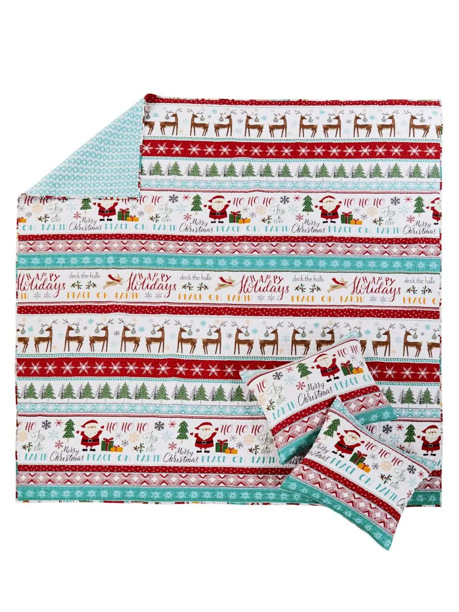 Двустороннее одеяло "Merry Bright Ho Ho Holidays", 3 предмета, размер Full/Queen Levtex — изображение 4 из 5, синий