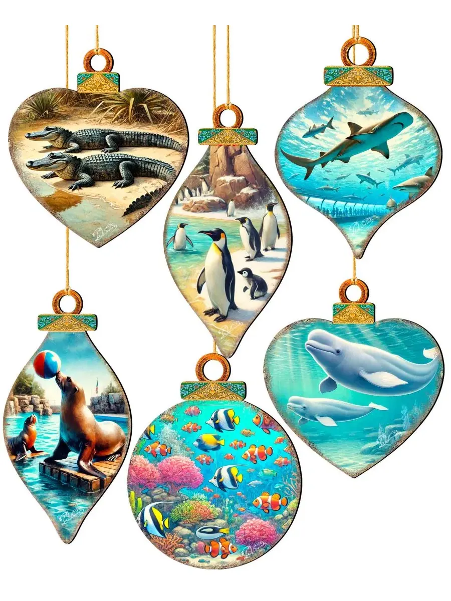 Набор елочных игрушек из дерева Sea Life Wooden Ornaments Designocracy — изображение 7 из 8, мульти