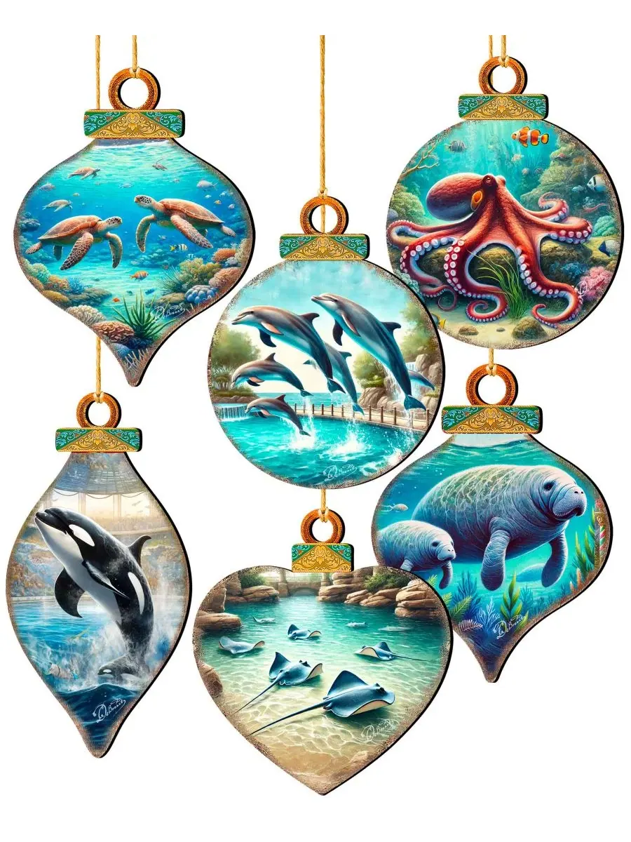 Набор елочных игрушек из дерева Sea Life Wooden Ornaments Designocracy — изображение 8 из 8, мульти
