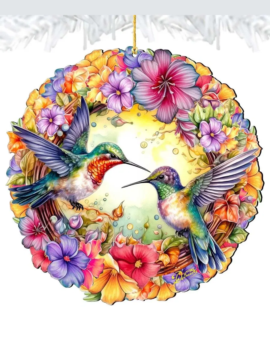 Елочная игрушка из дерева с колибри и венком, ручная работа, Hummingbirds Wreath Christmas Ornament — изображение 1 из 6