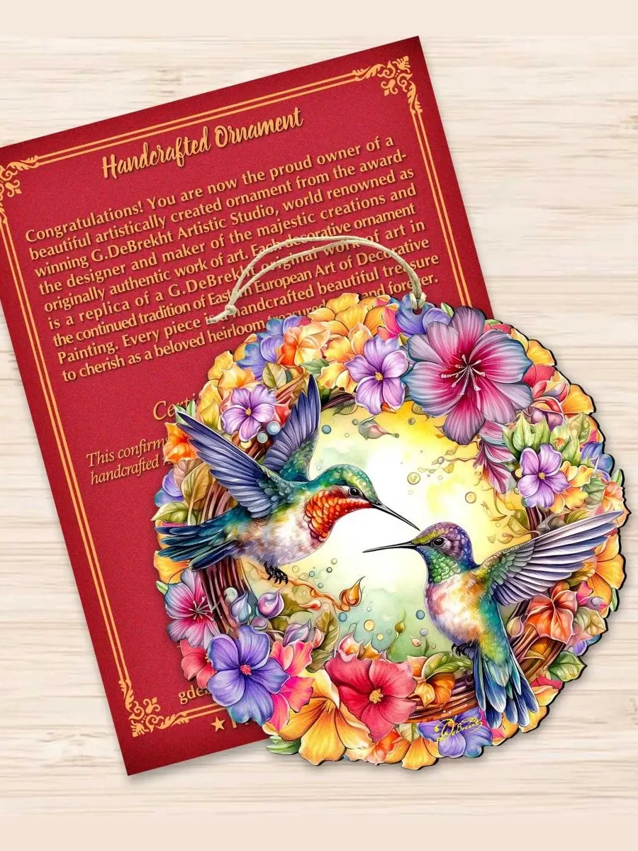 Елочная игрушка из дерева с колибри и венком, ручная работа, Hummingbirds Wreath Christmas Ornament — изображение 2 из 6