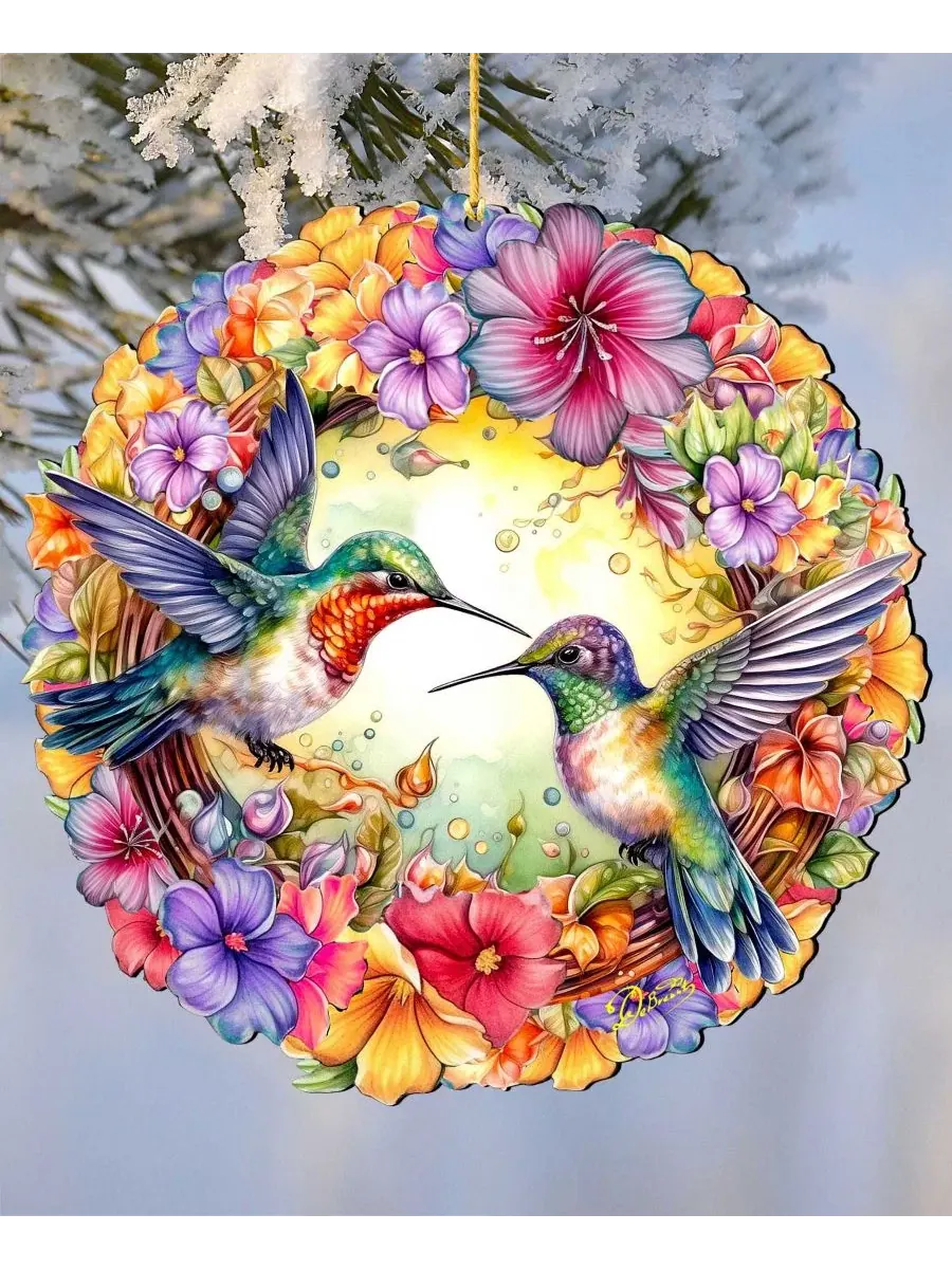 Елочная игрушка из дерева с колибри и венком, ручная работа, Hummingbirds Wreath Christmas Ornament — изображение 3 из 6