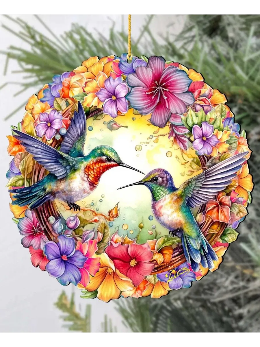 Елочная игрушка из дерева с колибри и венком, ручная работа, Hummingbirds Wreath Christmas Ornament — изображение 4 из 6