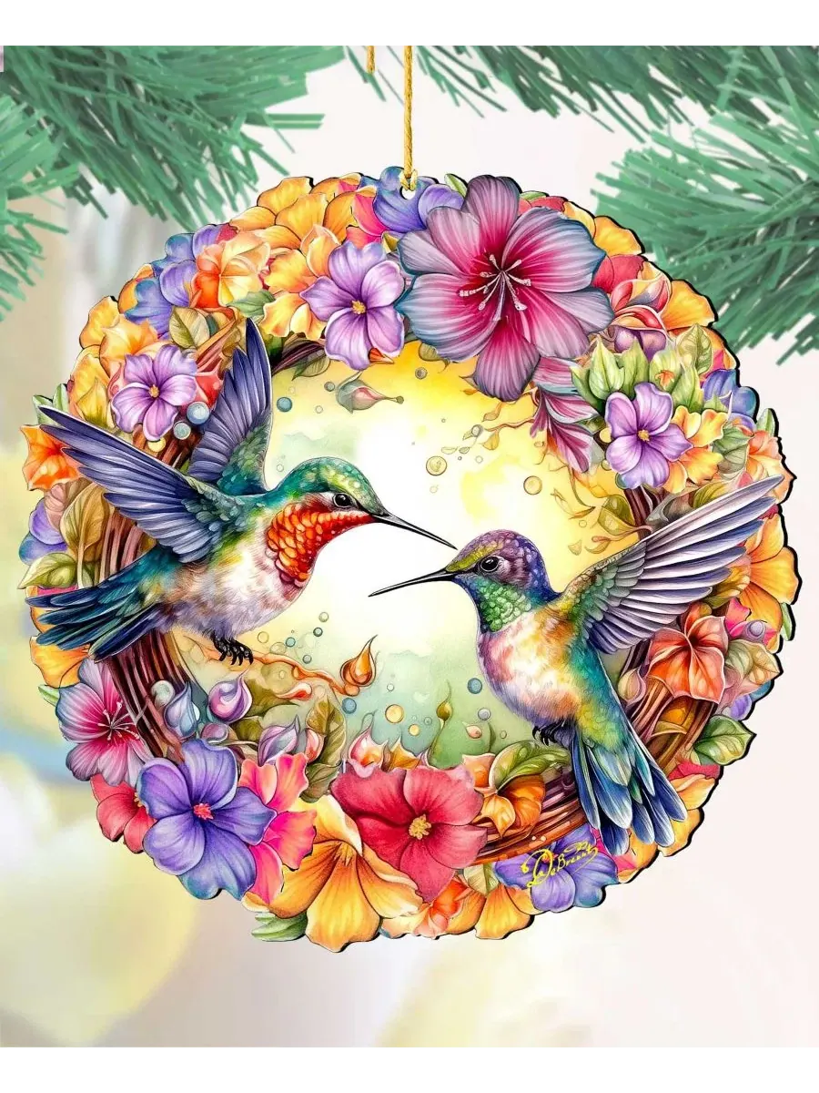Елочная игрушка из дерева с колибри и венком, ручная работа, Hummingbirds Wreath Christmas Ornament — изображение 5 из 6