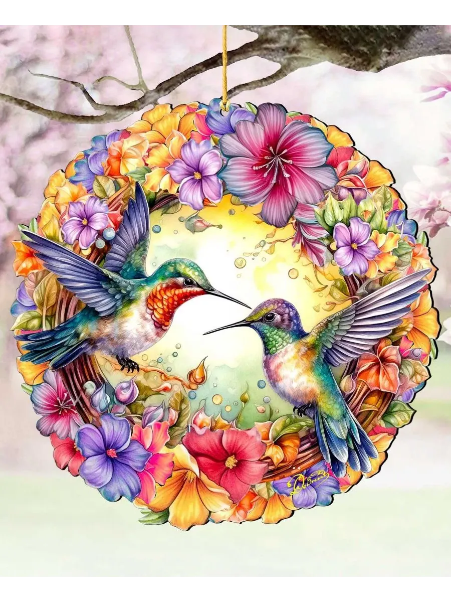 Елочная игрушка из дерева с колибри и венком, ручная работа, Hummingbirds Wreath Christmas Ornament — изображение 6 из 6