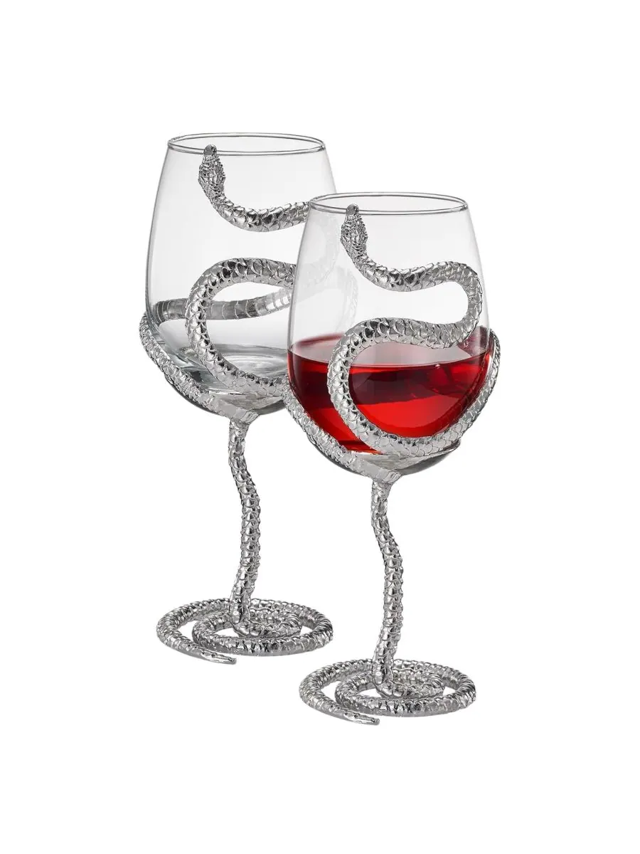 Набор из 2 бокалов для вина на ножке в форме змеи The Wine Savant — изображение 1 из 3, серебряный