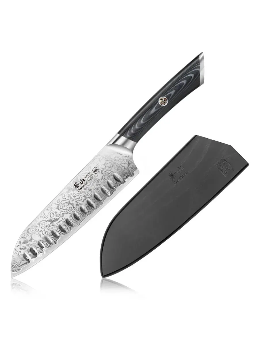 Нож Santoku Kuro Series Steel 18 см с ножнами Cangshan — серый