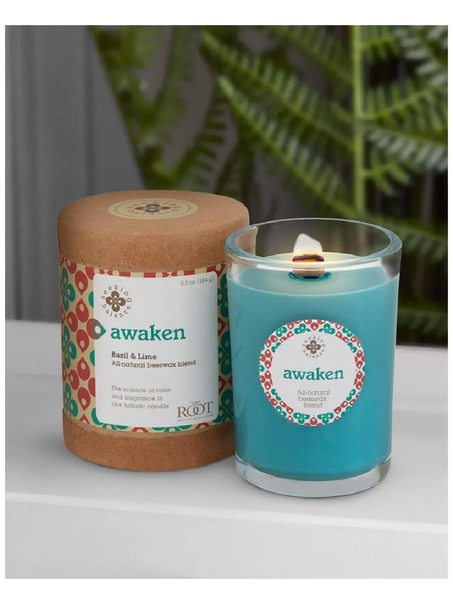 Ароматическая свеча Seeking Balance Awaken Basil Lime в баночке, 173 г (6,5 унций) ROOT CANDLES — изображение 2 из 2, голубой