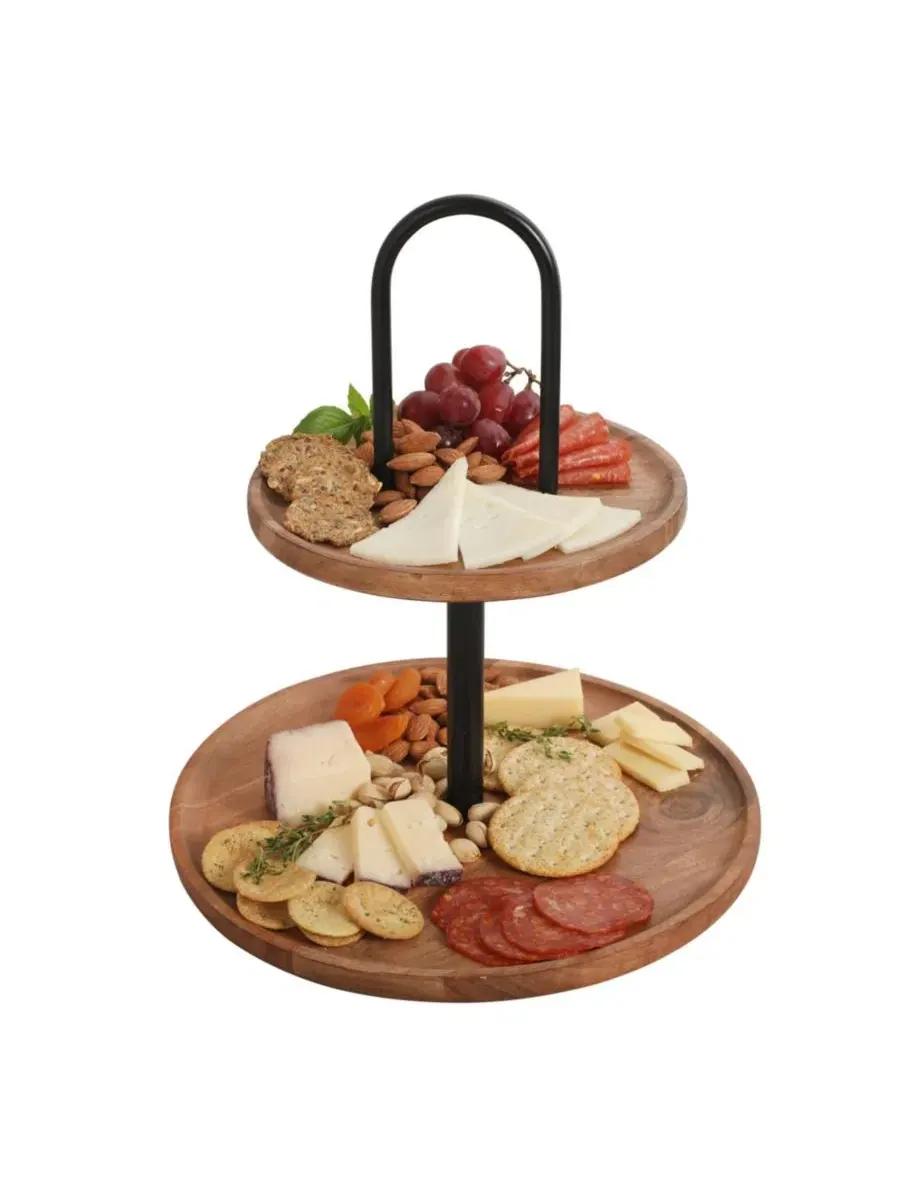 Круглый двухъярусный сервировочный поднос из акации от Gracious Dining Gibson Home — изображение 9 из 9, прозрачный