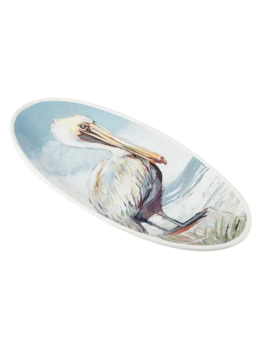 Овальное керамическое блюдо-рыбница с пеликаном Shorebirds Fish Platter Certified International — изображение 1 из 2, синий