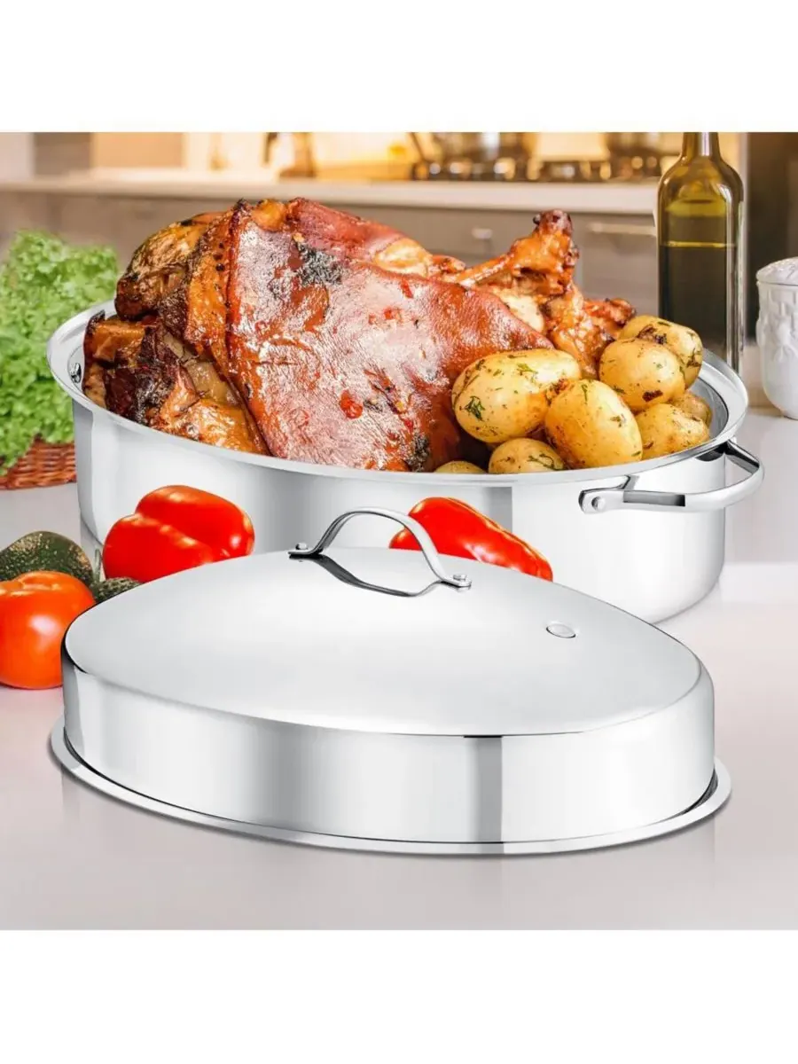 Овальная форма для запекания/жаровня с полированной решеткой и крышкой из нержавеющей стали — изображение 3 из 8, серебряный