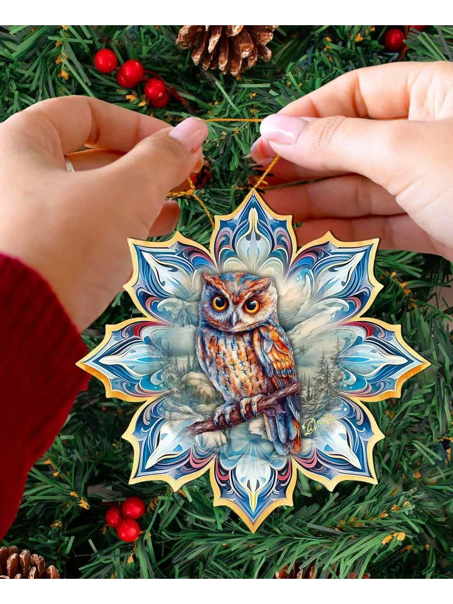 Елочная игрушка из дерева с совой Great Horned Owl Snowflake Designocracy — изображение 2 из 6, мульти