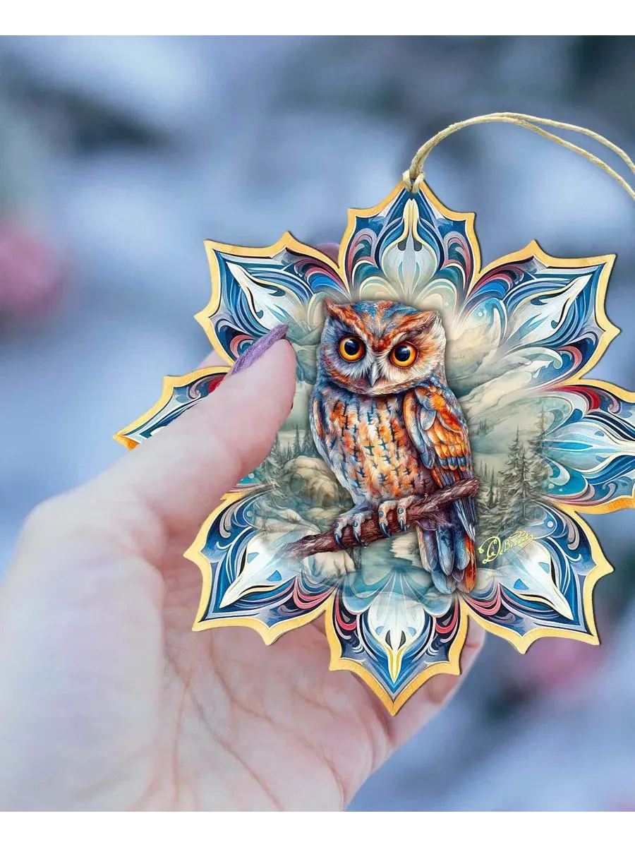 Елочная игрушка из дерева с совой Great Horned Owl Snowflake Designocracy — изображение 3 из 6, мульти