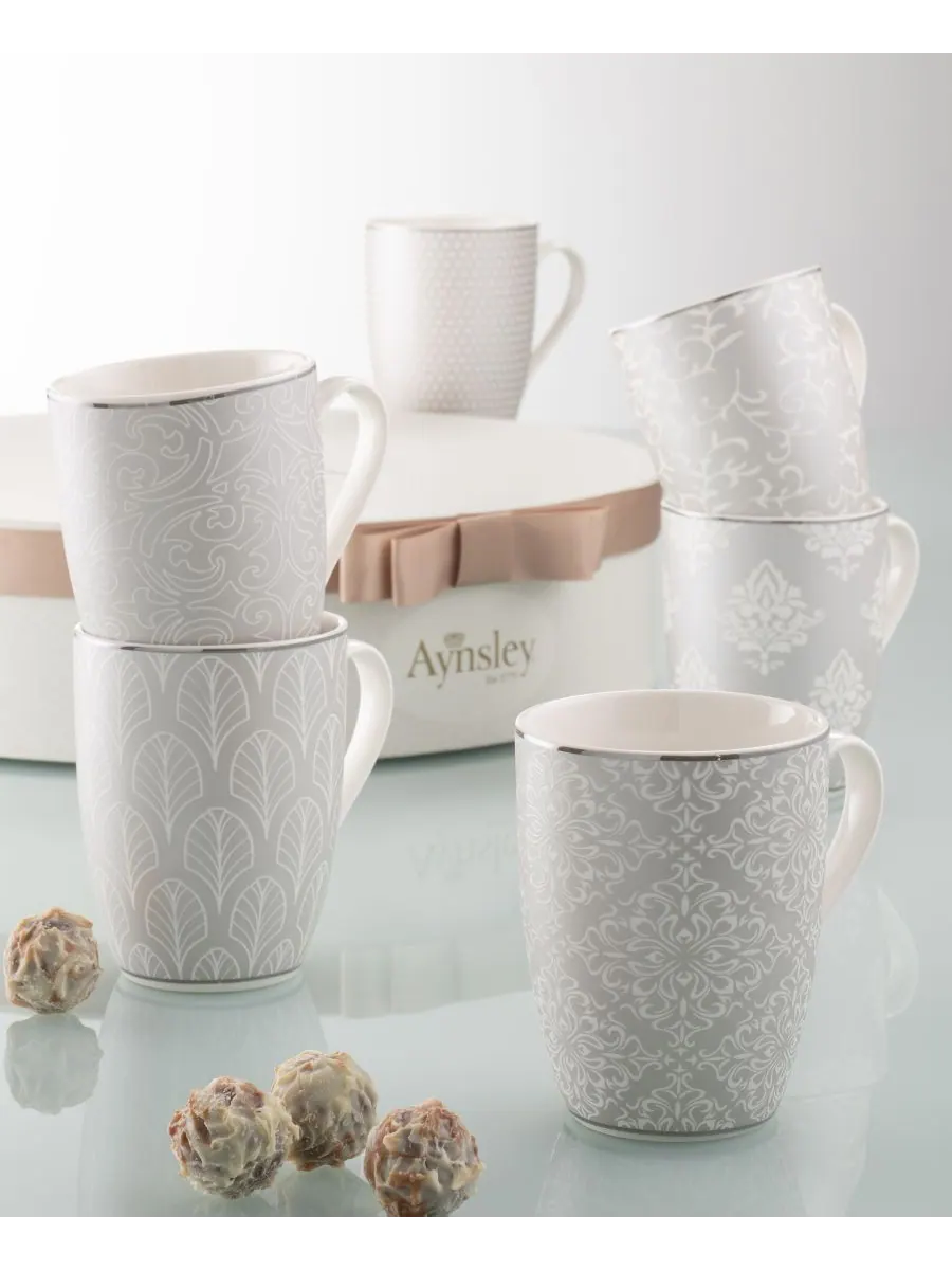 Belleek Pottery Набор из 6 серебряных кружек с парчовым рисунком — изображение 2 из 4, серебряный