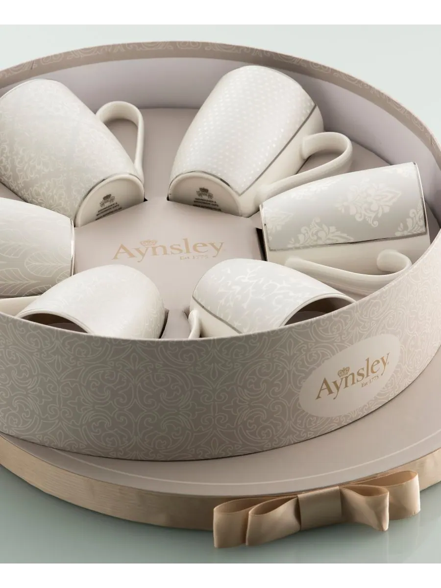 Belleek Pottery Набор из 6 серебряных кружек с парчовым рисунком — изображение 3 из 4, серебряный