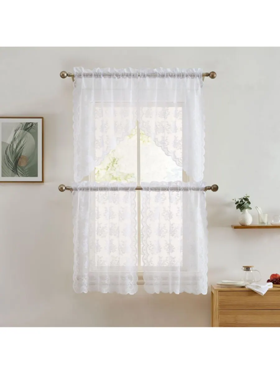 Короткие кружевные шторы Jolene Floral Rod Pocket Lace для небольших окон - 71 x 91 см (белые — изображение 5 из 6, белый