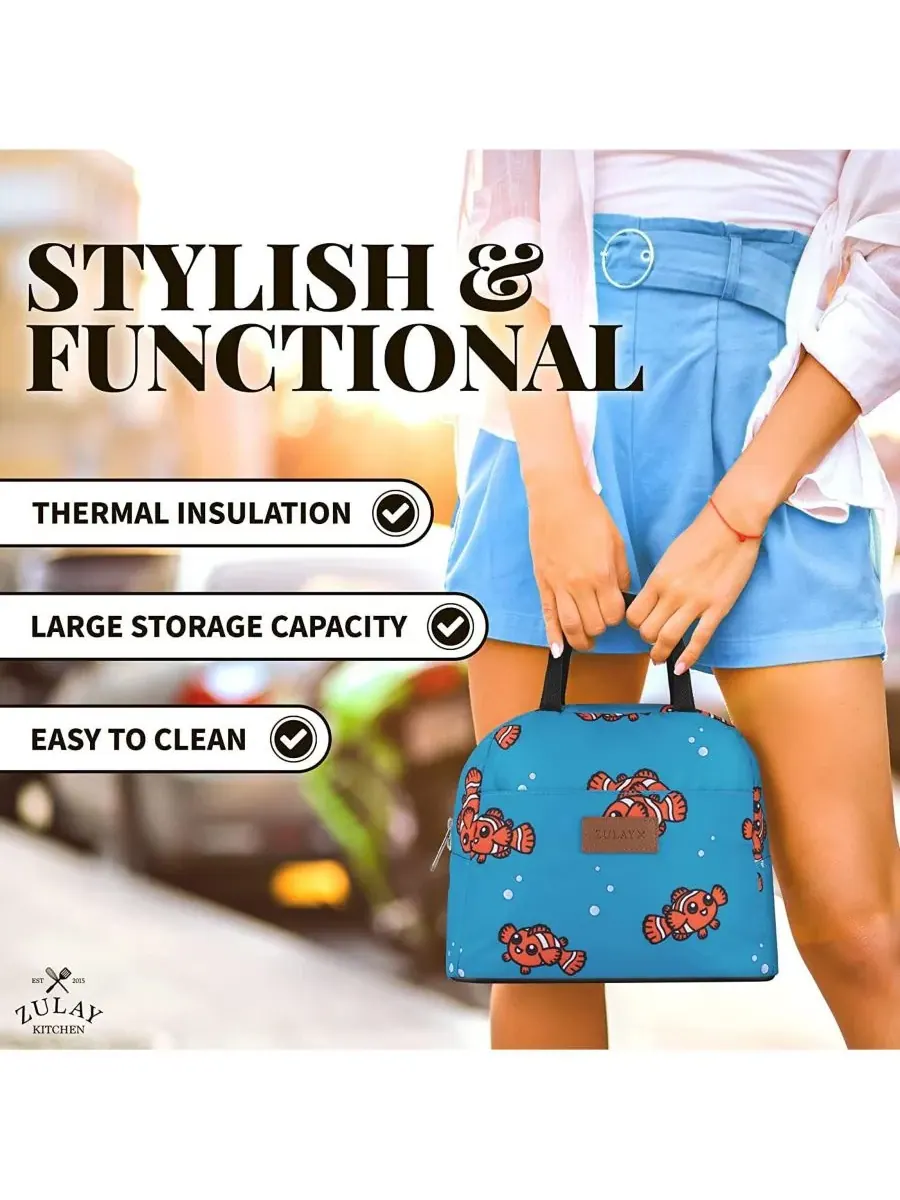 Термосумка для ланча с мягкими ручками Zulay Kitchen, Teal With Fishes — изображение 2 из 7