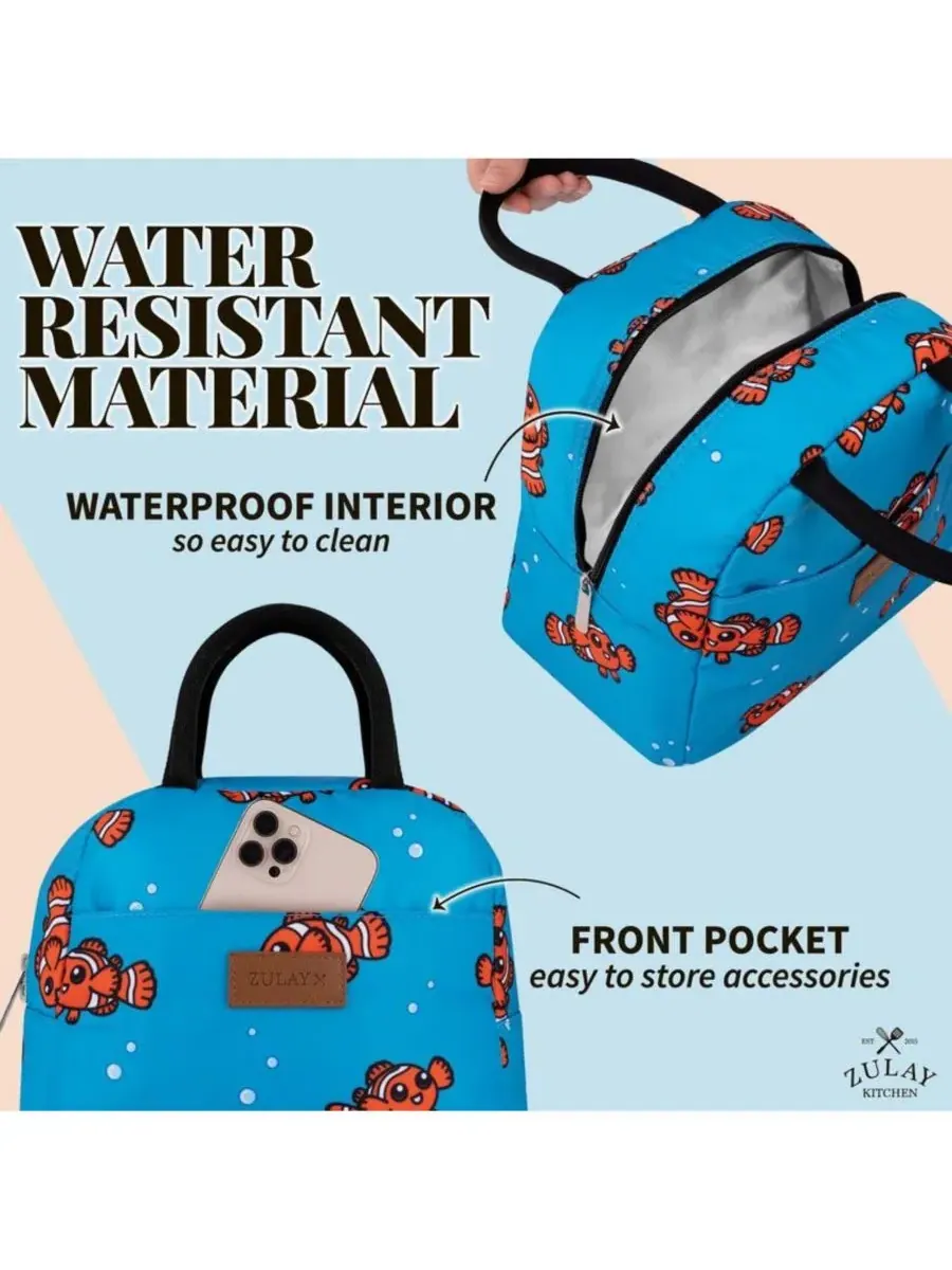 Термосумка для ланча с мягкими ручками Zulay Kitchen, Teal With Fishes — изображение 7 из 7