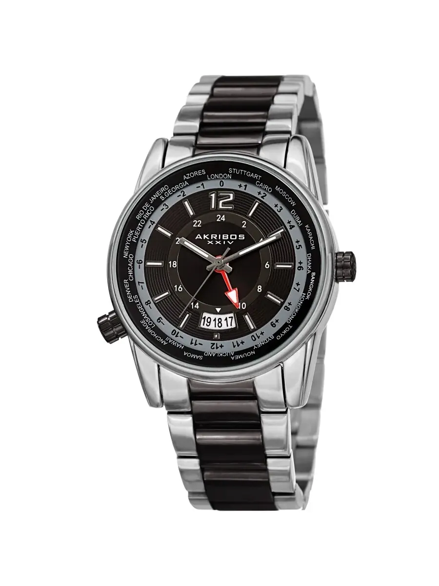 Мужские часы Akribos XXIV World Time Quartz с черным циферблатом AK1021TTB — изображение 1 из 4, оттенок серебряный