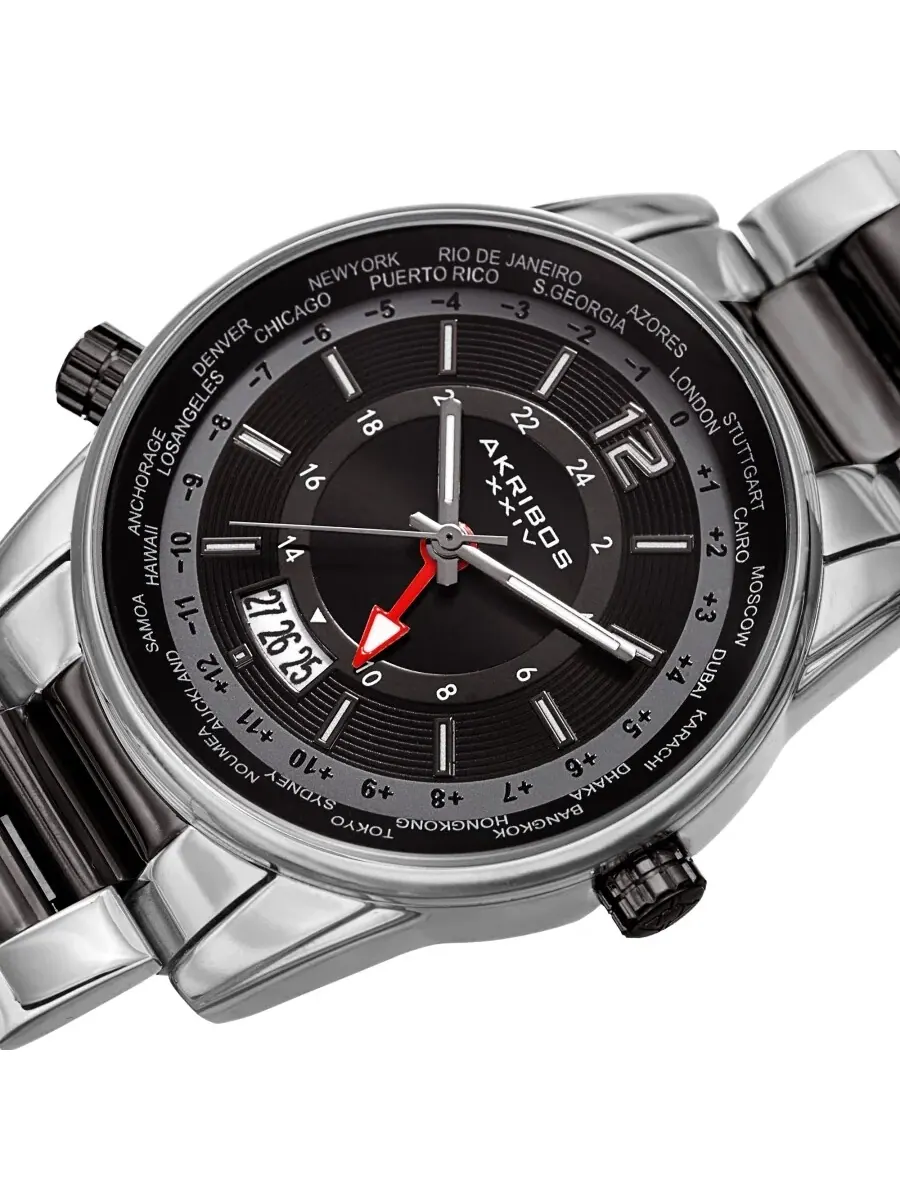 Мужские часы Akribos XXIV World Time Quartz с черным циферблатом AK1021TTB — изображение 2 из 4, оттенок серебряный