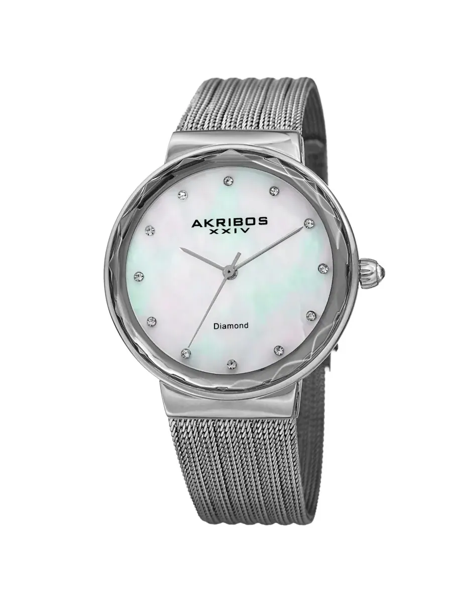 Женские часы Akribos XXIV с кварцевым механизмом, белым перламутровым циферблатом и бриллиантами AK1009SS, оттенок серебряный