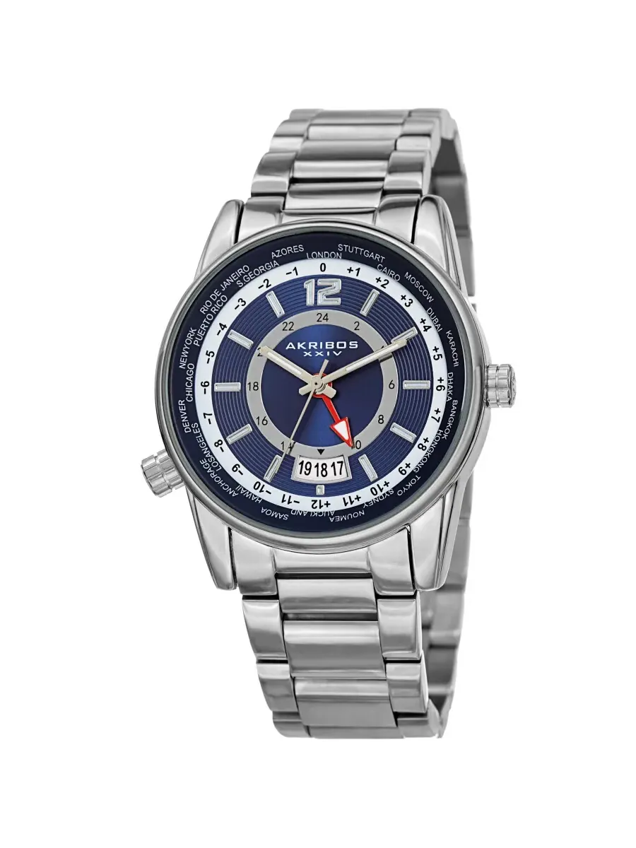 Мужские часы Akribos XXIV World Time Quartz с синим циферблатом AK1021SSBU