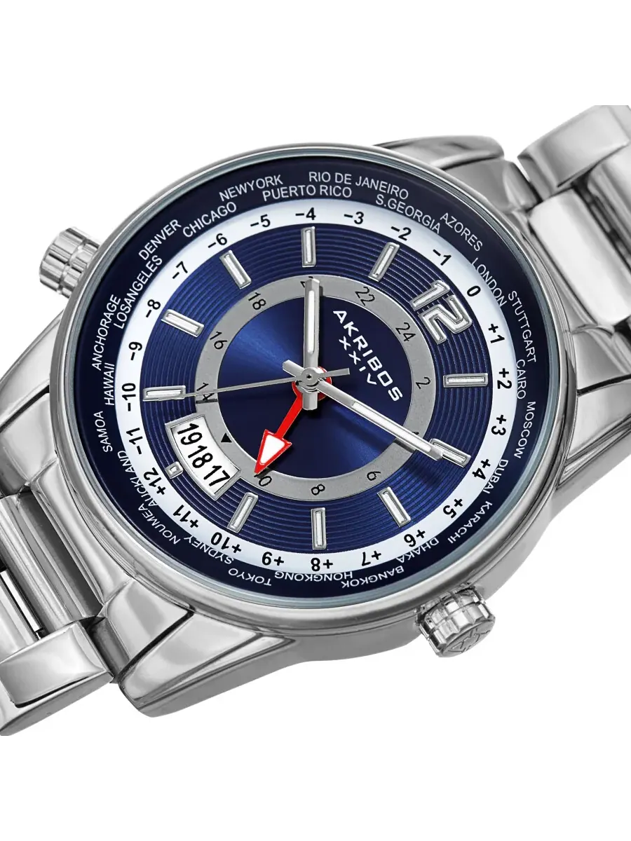 Мужские часы Akribos XXIV World Time Quartz с синим циферблатом AK1021SSBU — изображение 2 из 4, оттенок серебряный