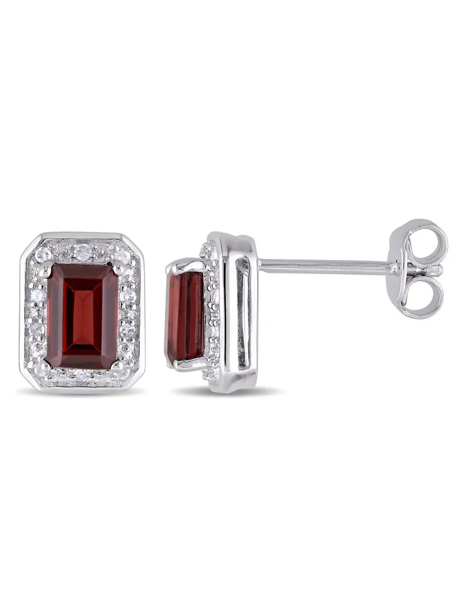 Серьги-гвоздики AMOUR с алмазами 1/10 CT TW и гранатовыми гало из стерлингового серебра — изображение 1 из 3, оттенок красный