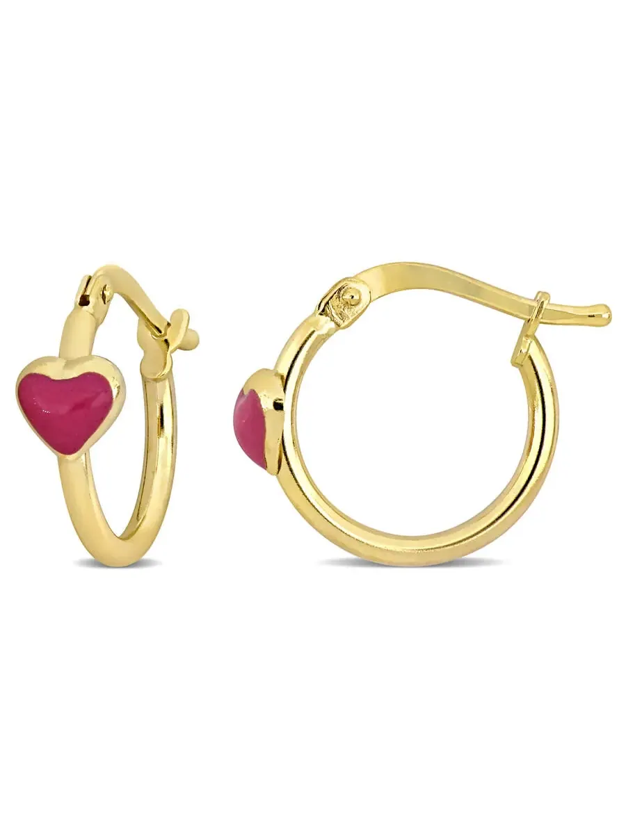 Серьги-кольца Amour с розовой эмалью в форме сердца 15 мм из желтого золота 14 карат — изображение 1 из 5, оттенок желтый
