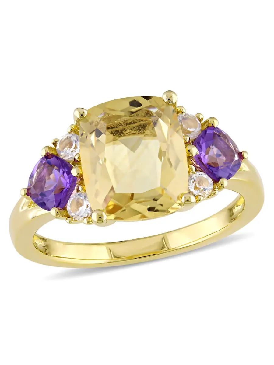 Коктейльное кольцо Amour 3 1/3 CT TGW с цитрином, африканским аметистом и белым топазом на желтом серебре, оттенок желтый