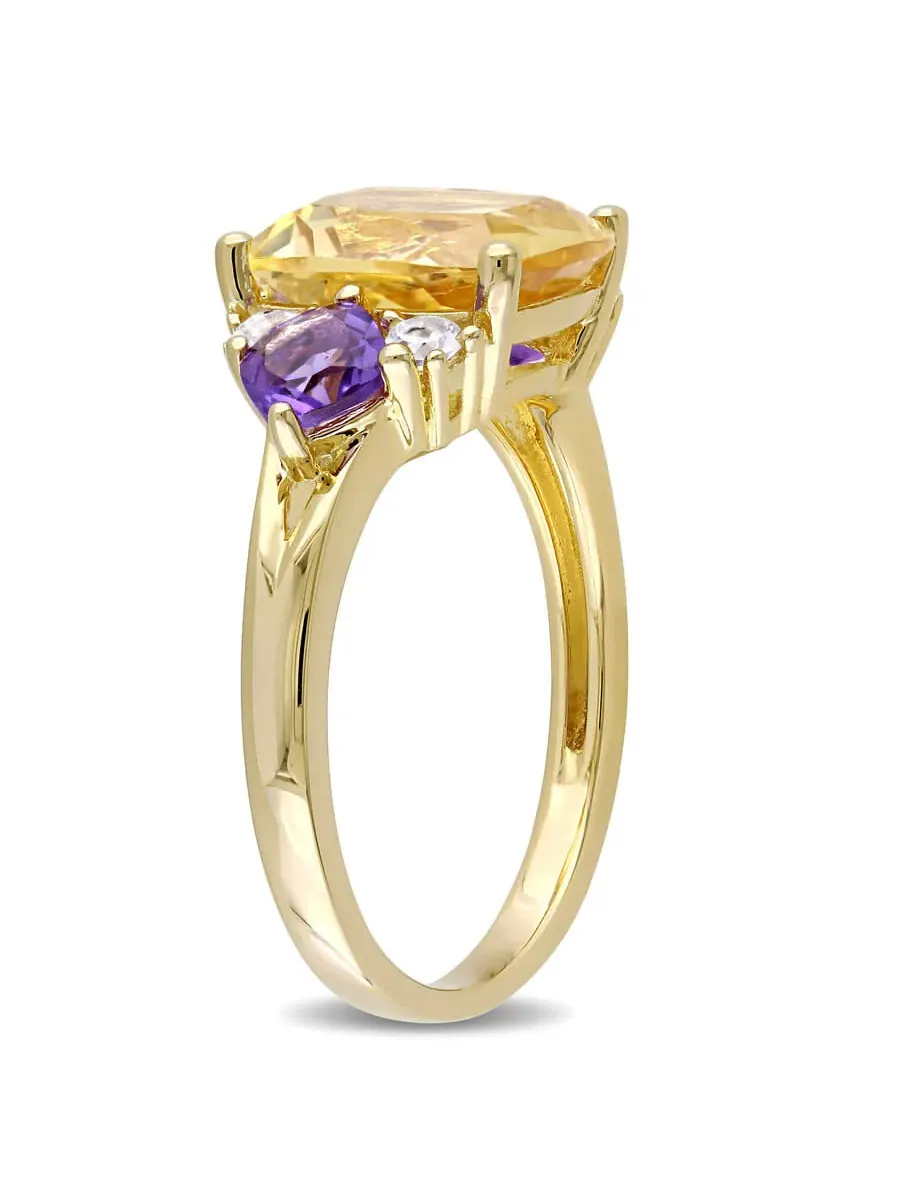Коктейльное кольцо Amour 3 1/3 CT TGW с цитрином, африканским аметистом и белым топазом на желтом серебре, оттенок желтый