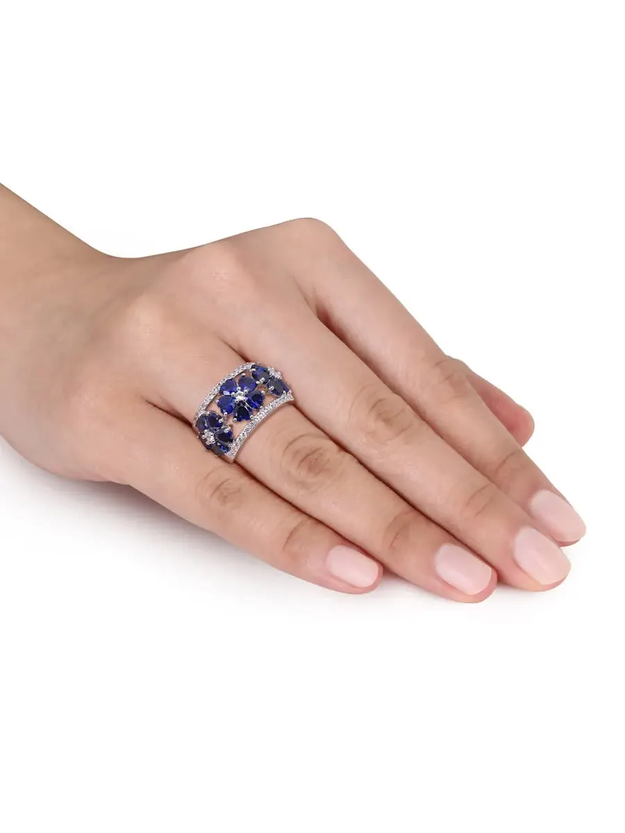 Amour 4 1/2 CT TGW Созданный синий сапфир Созданный белый сапфир Модное кольцо Серебро — изображение 4 из 5