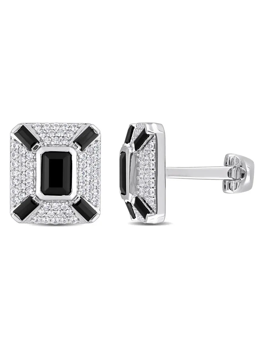 Запонки AMOUR 5-4/5CT TGW с черными и белыми сапфирами огранки «октагон» и «багет» из стерлингового серебра