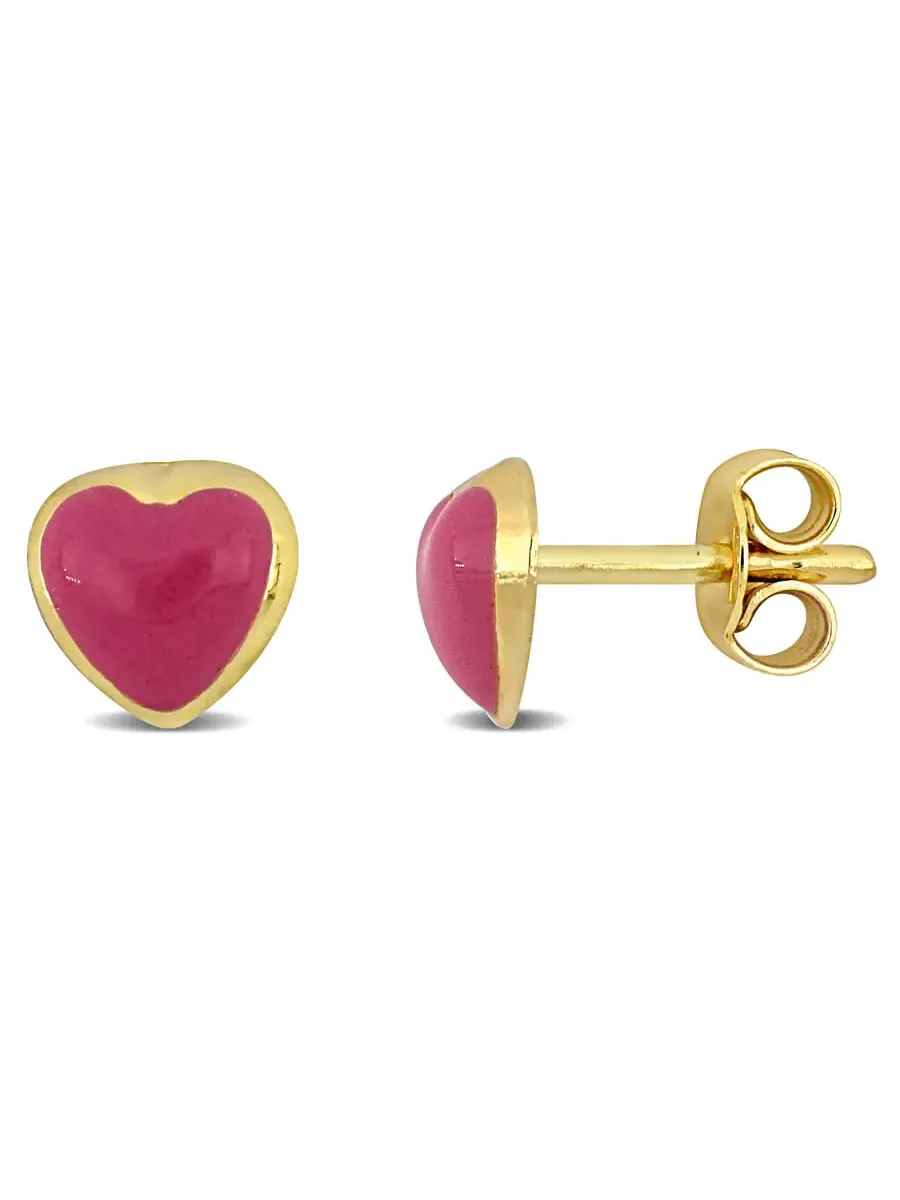 Серьги-гвоздики Amour в форме сердца с розовой эмалью из 14-каратного желтого золота — изображение 1 из 5, оттенок желтый