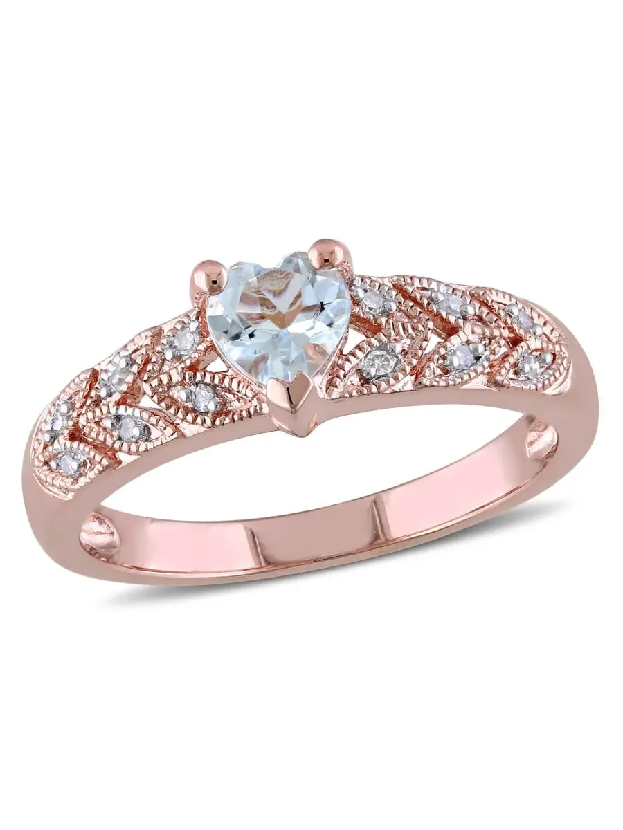 Кольцо Amour Pink Silver с бриллиантом 0,05 карат и аквамарином в форме сердца 1/3 карат общего веса — изображение 1 из 5