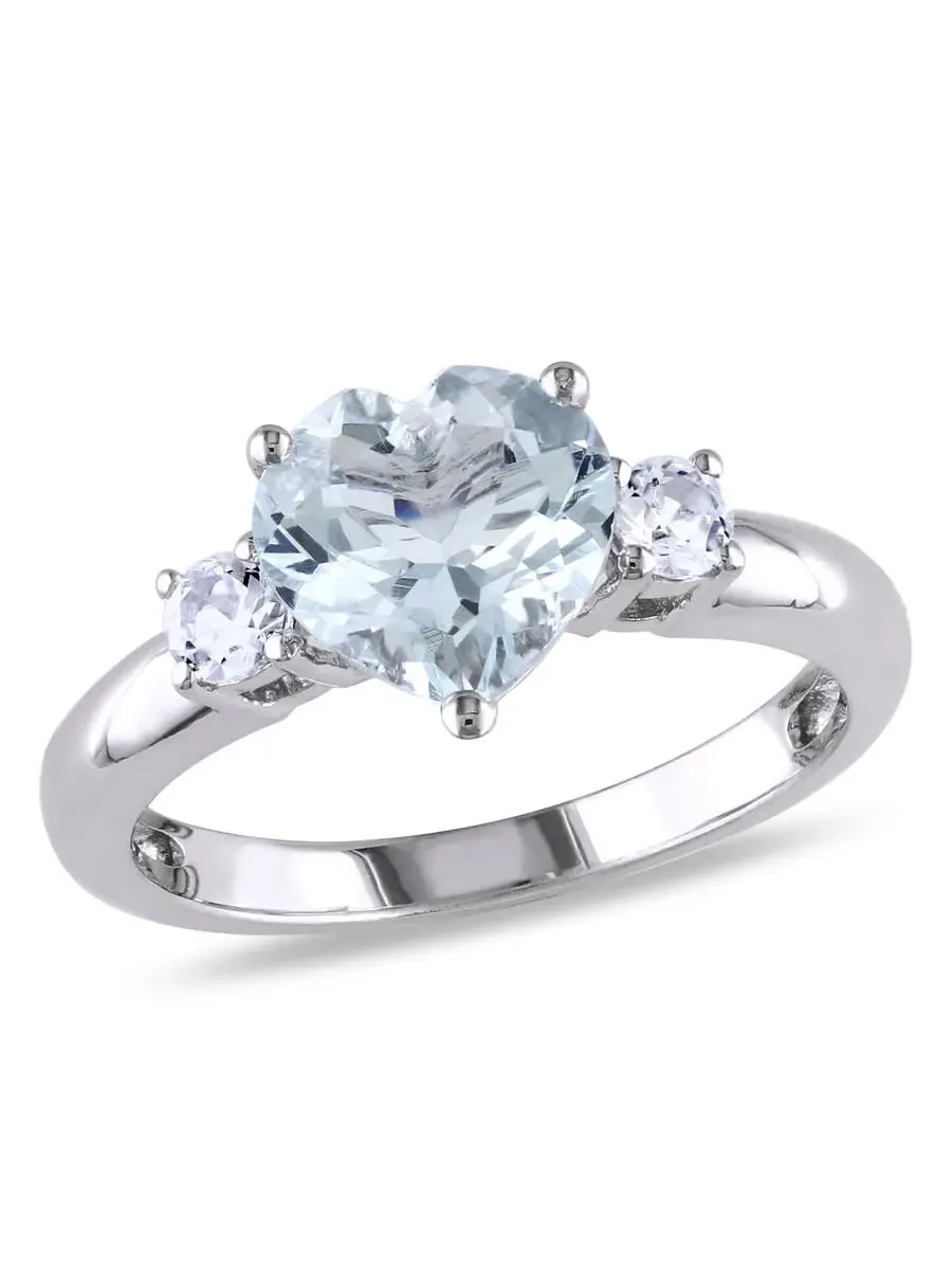 Кольцо Amour Silver с сердцем из аквамарина 1 4/5 CT TGW и искусственного белого сапфира — изображение 1 из 4, оттенок синий