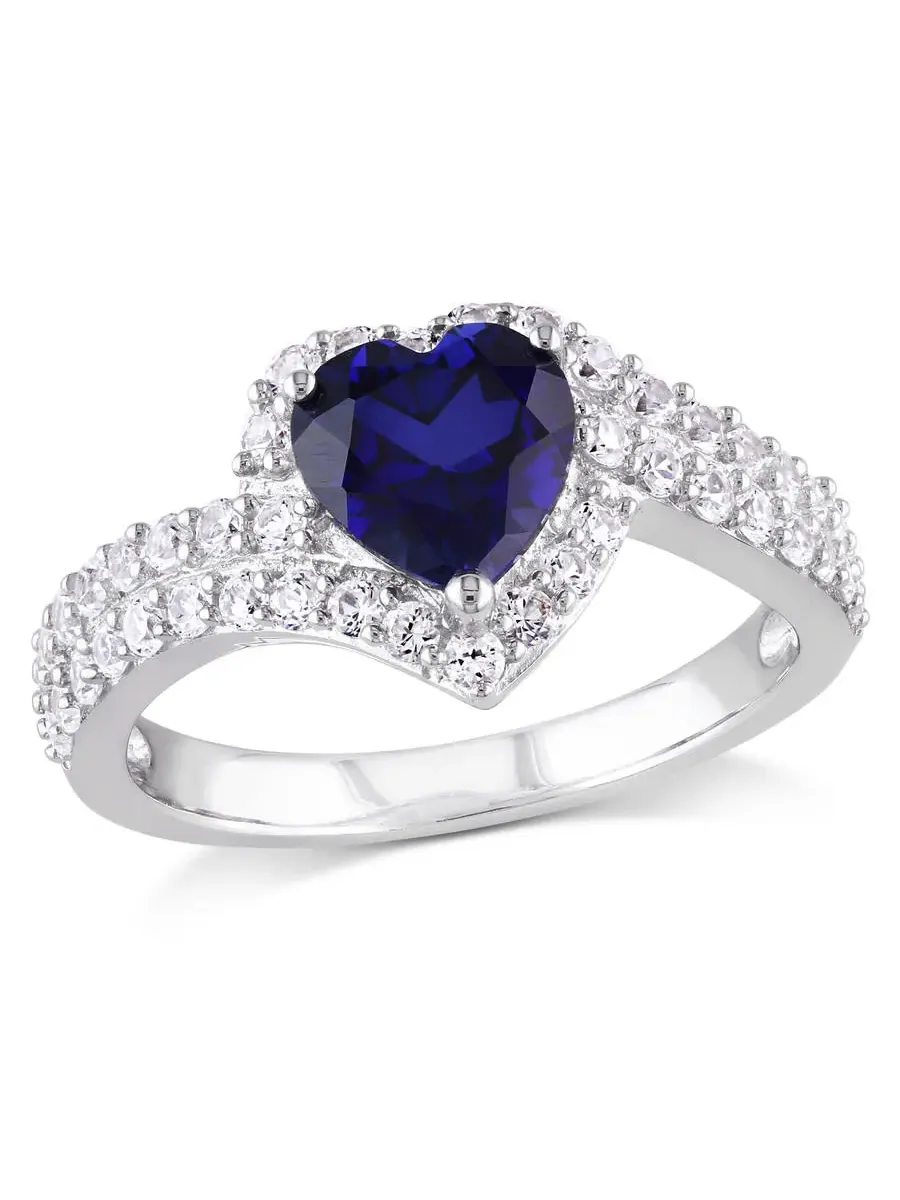 Кольцо Amour Sterling Silver с сердцем и гало из созданных белого и синего сапфиров 2 3/4 CT TGW — изображение 1 из 4