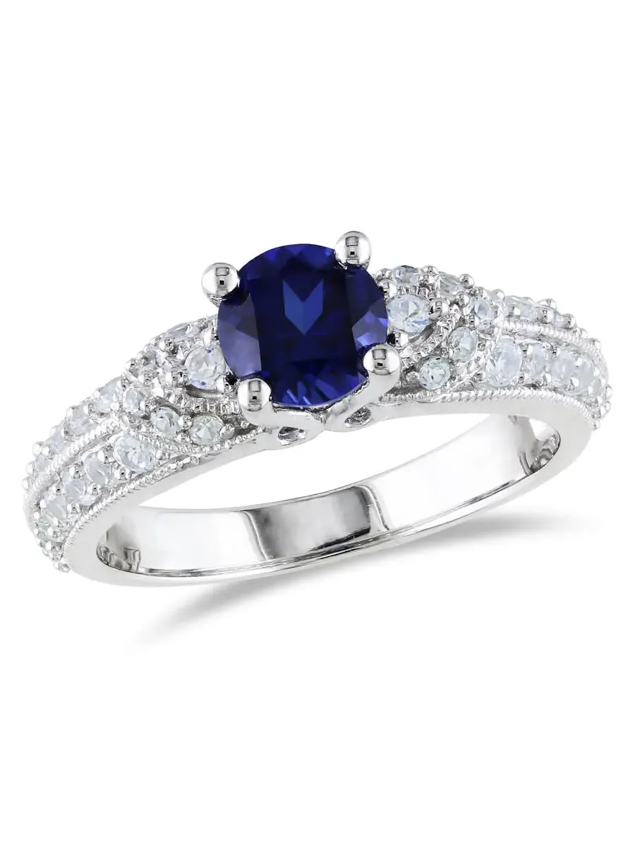 Кольцо Amour Silver с синим сапфиром 1,67 карат (TGW), созданным синим сапфиром и созданным белым сапфиром, оттенок синий