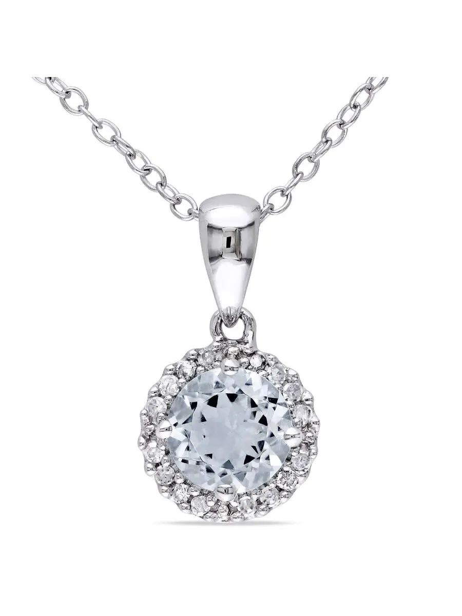 Подвеска AMOUR с алмазом 1/10 CT TW и аквамарином в оправе «гало» с цепочкой из стерлингового серебра — изображение 1 из 4