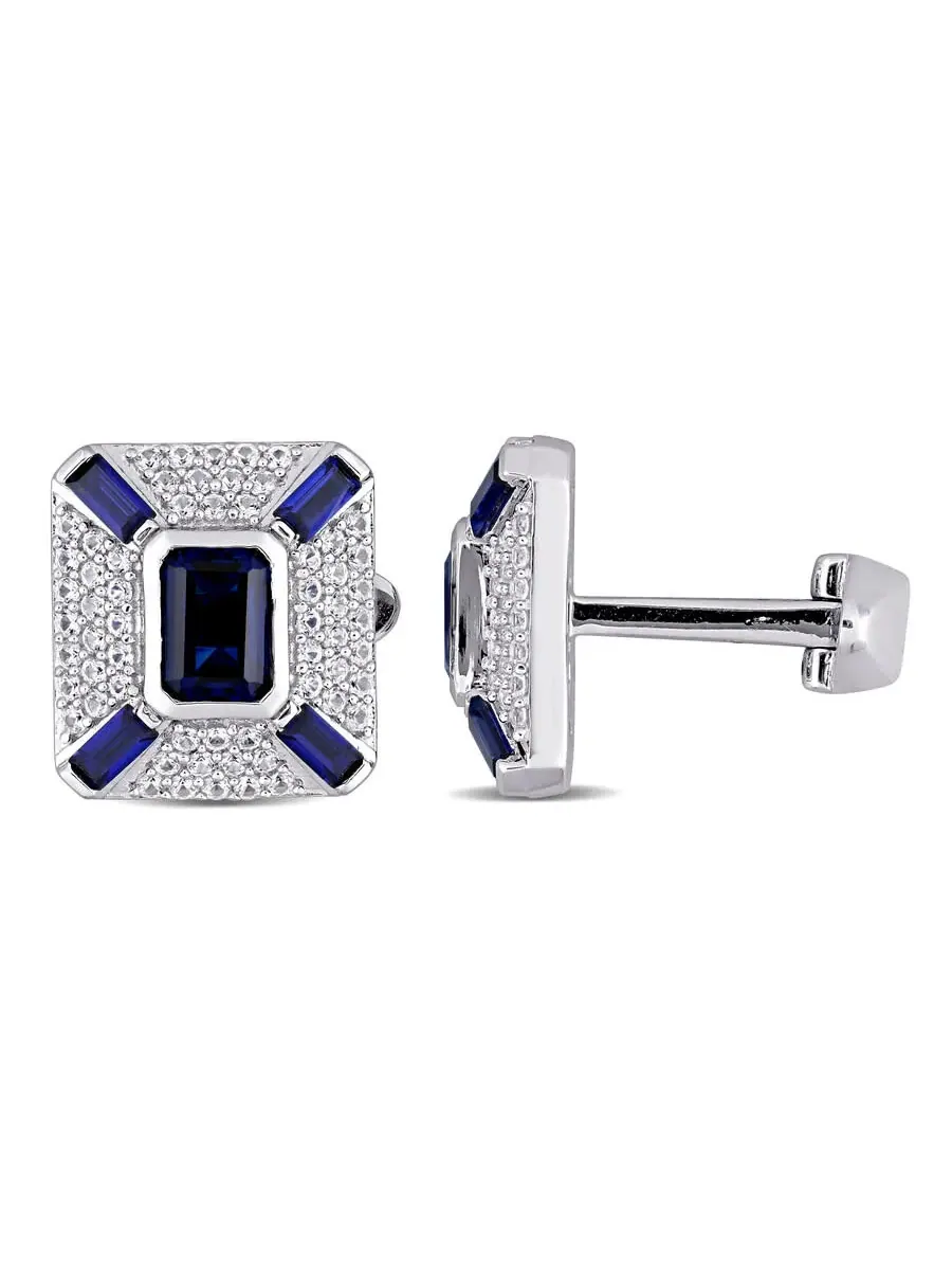 Запонки Amour 5 4/5 Ct Tgw с создаными синими и белыми сапфирами геометрической формы из серебра 925 пробы, оттенок синий