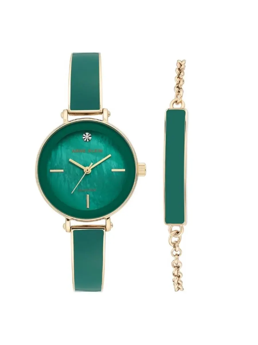 Женские часы и браслет Anne Klein с кварцевым механизмом, зеленым перламутровым циферблатом AK/3620GNST — изображение 1 из 1