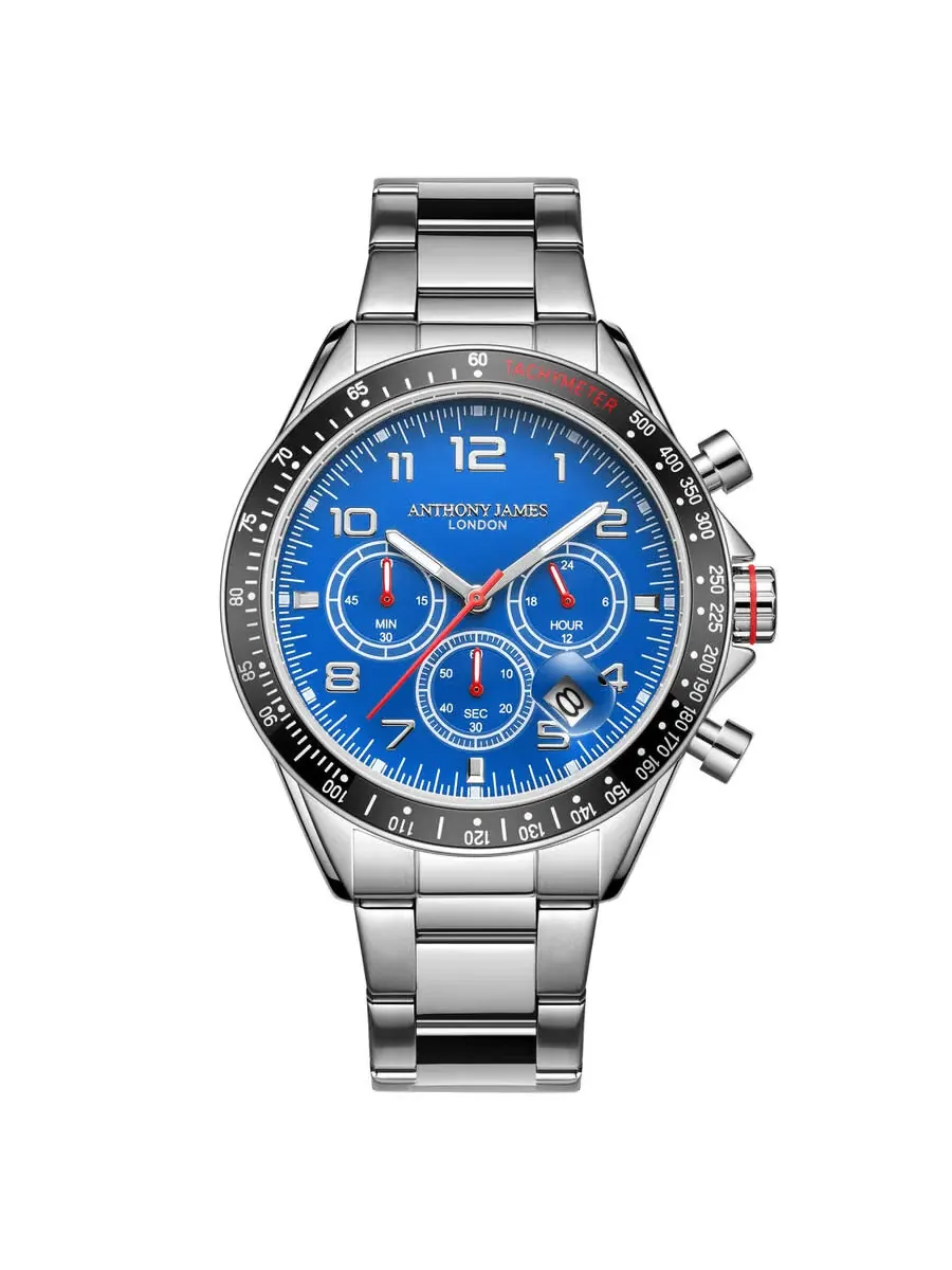 Мужские часы Anthony James Tachymeter Chrono с синим циферблатом AJ093 — черный
