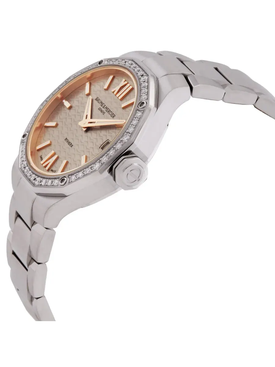 Женские кварцевые часы Baume et Mercier Riviera с бриллиантами, модель 10796 — изображение 2 из 3, оттенок серебряный