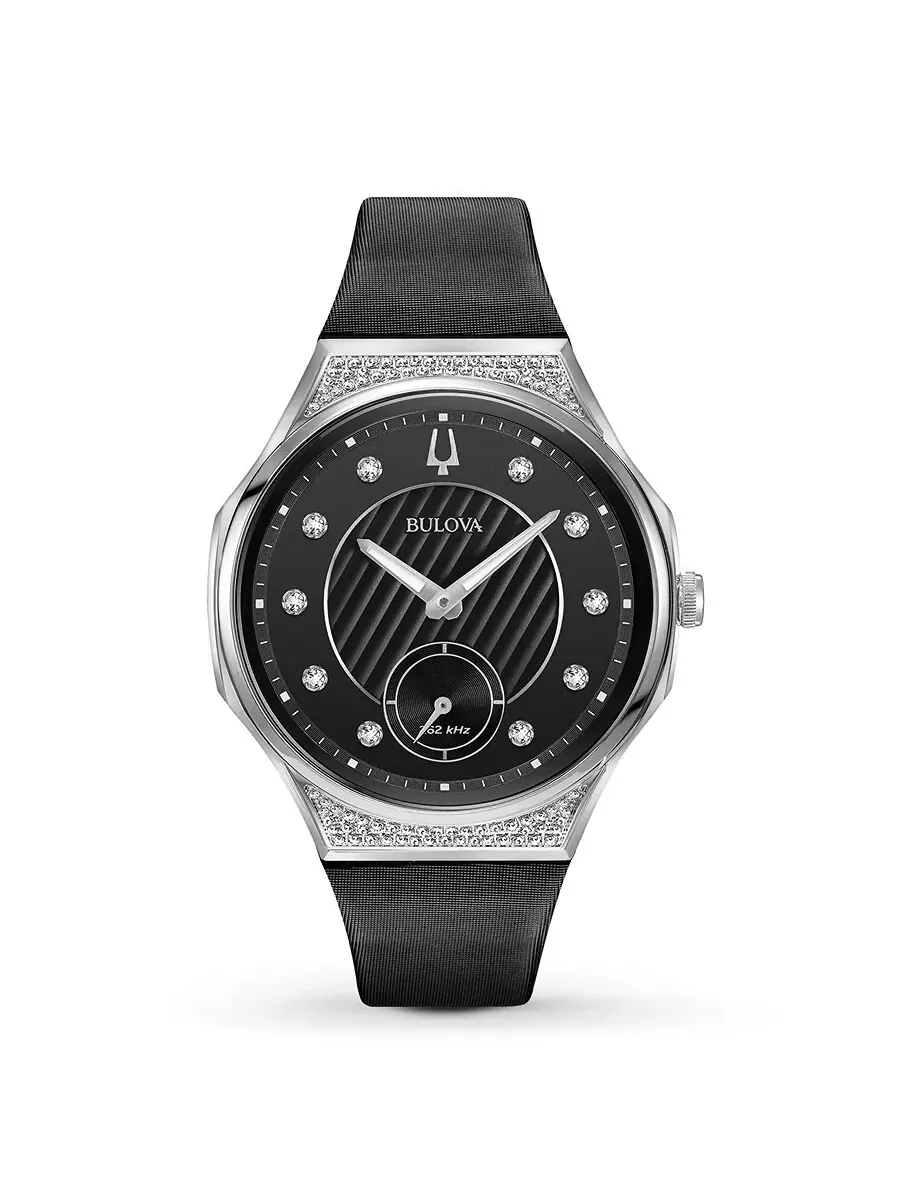 Женские часы Bulova Curv Quartz с черным циферблатом и бриллиантами 96R229 — черный